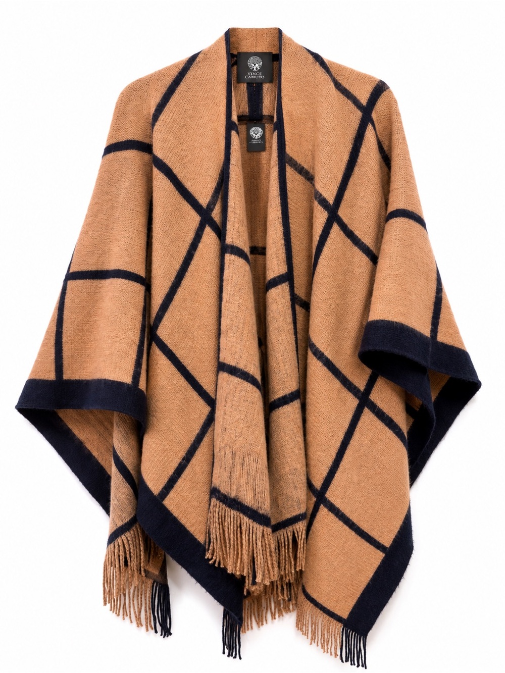 Vince Camuto Camel and Navy Plaid Fringe Wrap